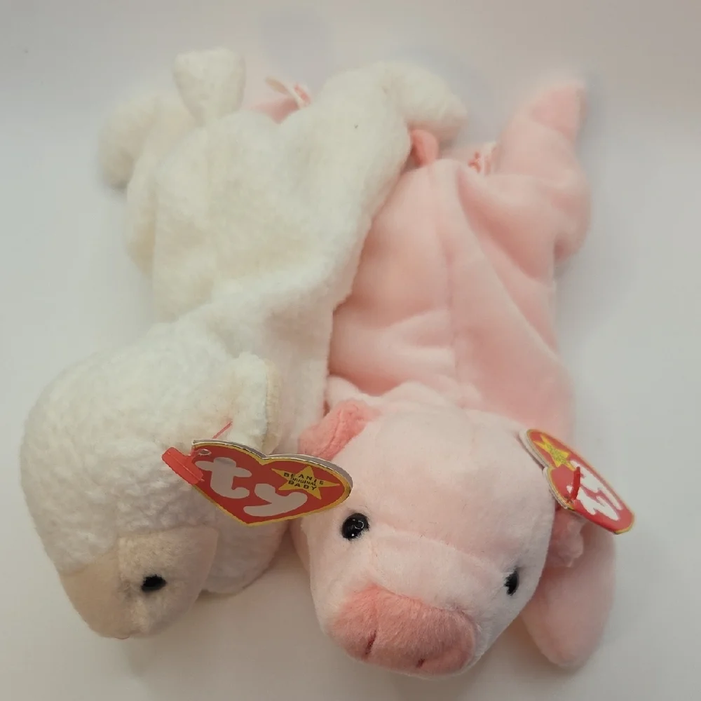 Ty Beanie Babies Spring Pair Squeeler The Pink Pig 1993 + Fleece The White Lamb